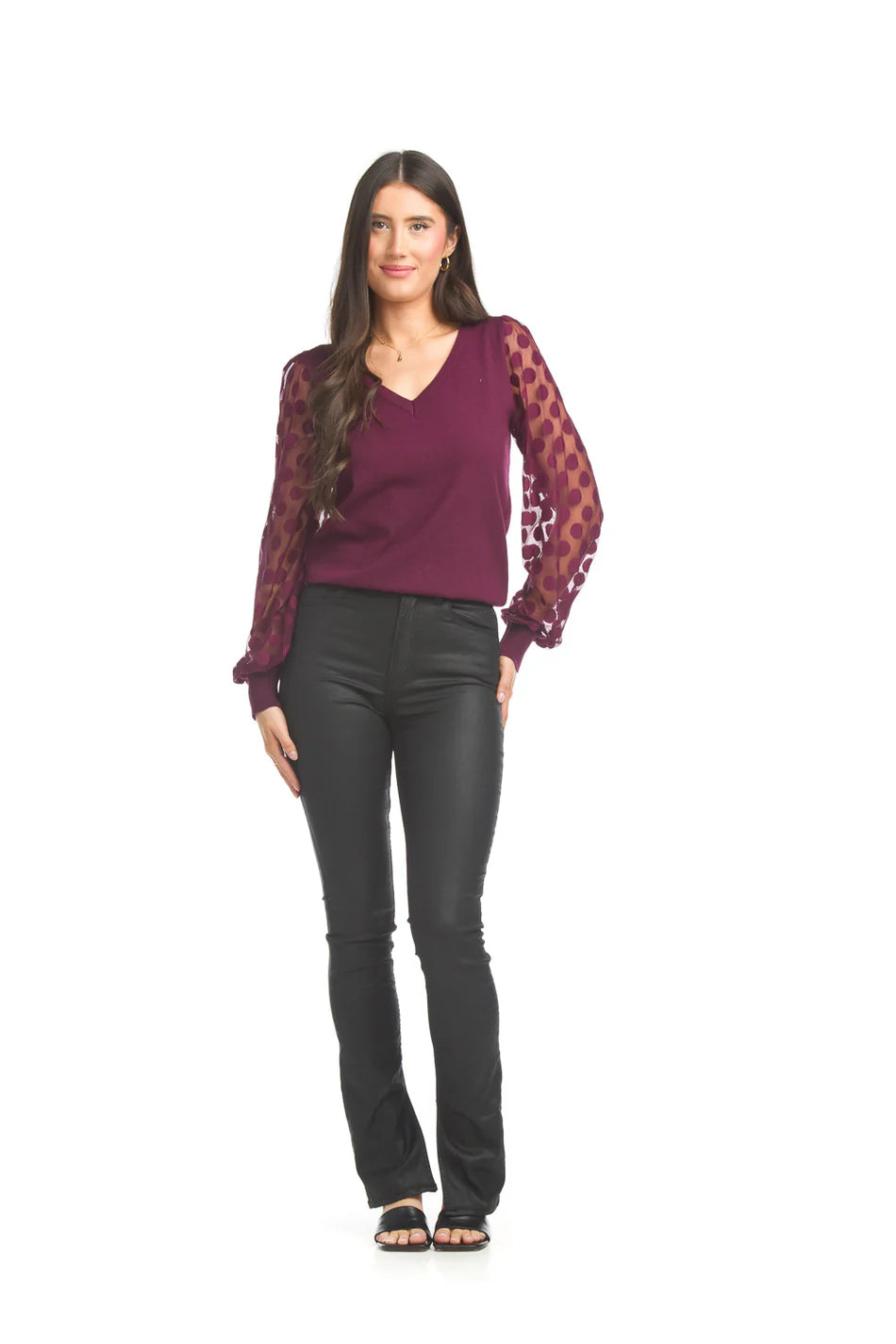 Papillon V Neck with Sheer Dot Sleeves Sweater